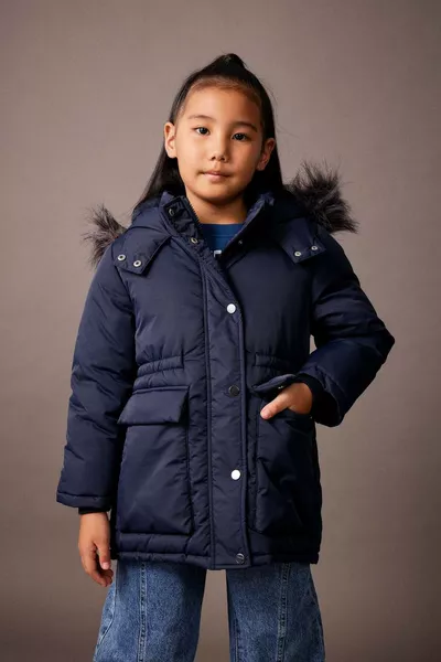Girls' Water-Repellent Hooded Coat with Removable Faux Fur Lining AU