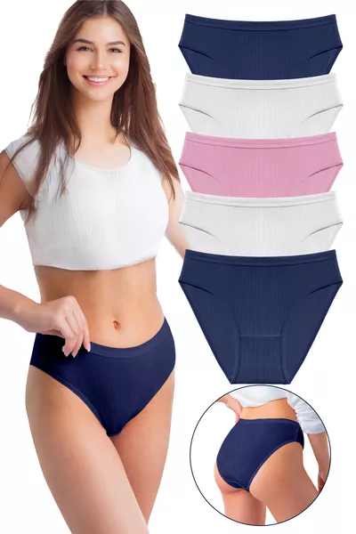 Women's % Cotton 5-Pack Ribbed Waist Bikini Panties Navy, White, Dusty Rose 