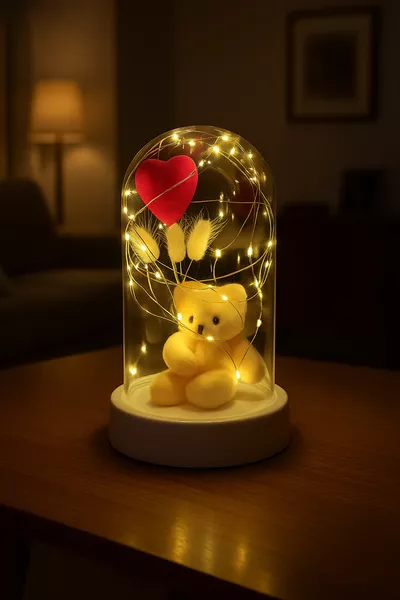 Светещ терариум с бял таван, LED светлини, сърце и меченце за подарък на половинката за Деня на влюбените