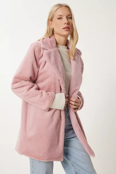 معطف فرو صناعي وردي للنساء 