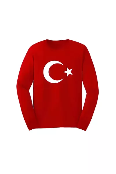 Unisex Kids Long Sleeve Red T-Shirt with Crescent and Star