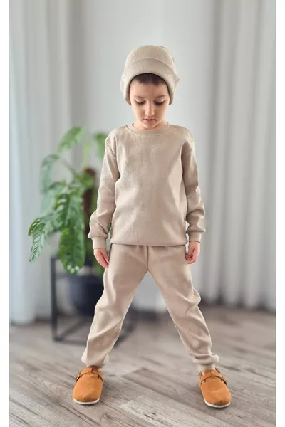 Stone Color/Nude Ribbed Unisex Baby & Kids 3-Piece Set