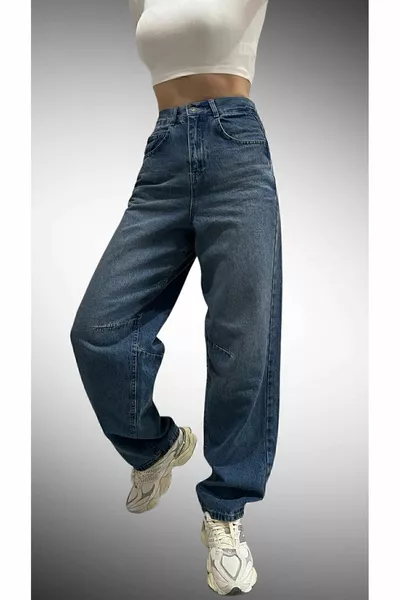 جينز واسع للنساء – خصر مرتفع، أرجل واسعة، سروال أزرق مريح