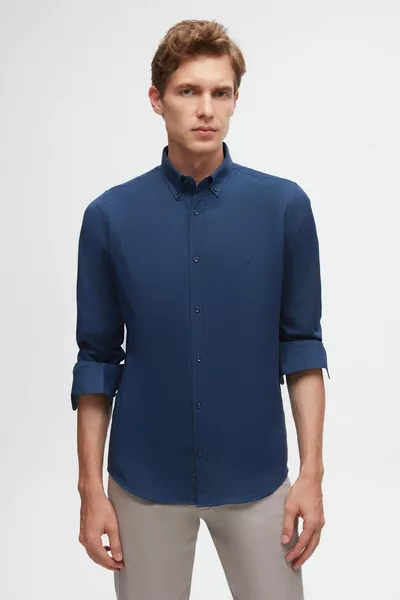 Ds Damat Slim Fit Indigo Oxford Button-Down Collar Easy-Iron Cotton Shirt with Embroidery Detail