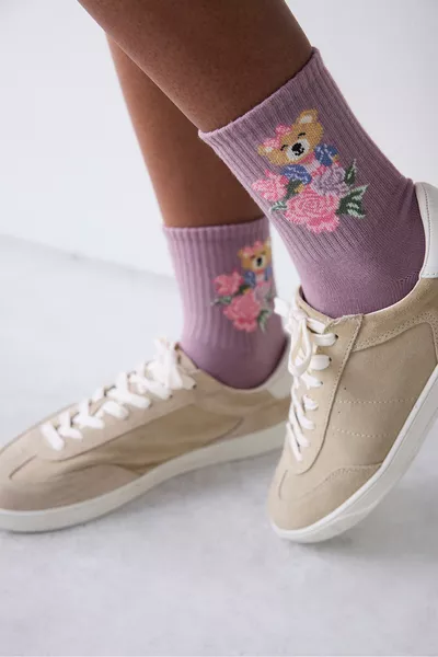 Calze Corte a Doppio Colore Viola Scuro con Orso