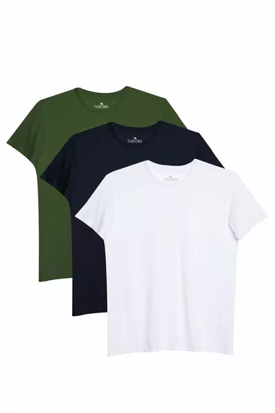 Unisex 3-pack Slim Fit T-shirt met strakke pasvorm, ronde hals, in marineblauw, wit en kaki, % katoen