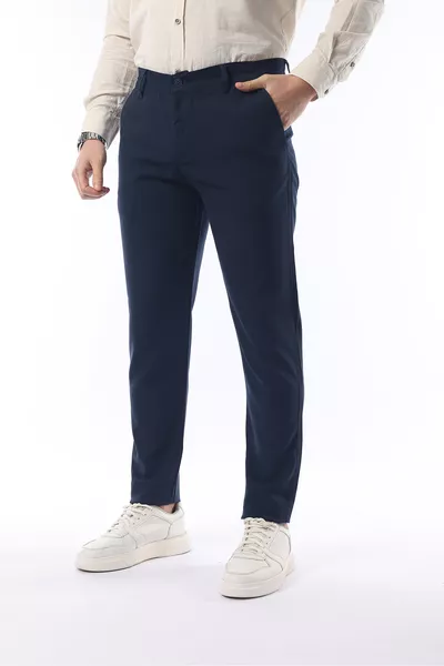 بنطال قماش رجالي بلون كحلي، قصّة مستقيمة، عالي الجودة، مرن ومطاطي عند الكاحل