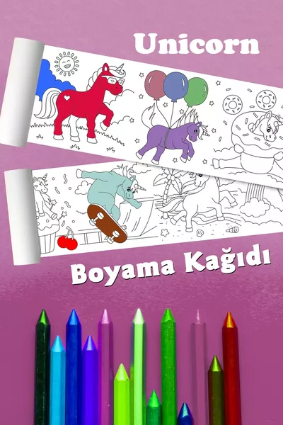 ورق تلوين كبير بطبعة وحيد القرن لفصل العطلة، ورقة تلوين طويلة بطول 2.5 متر - تلوين تعليمي للأطفال