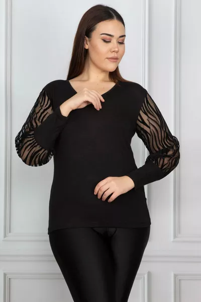 Women's Plus Size Black Flocked Sleeve Tulle Blouse 