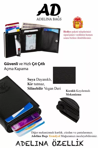أديلينا – محفظة حامل بطاقة منزلقة أوتوماتيكية من الجلد الأسود للجنسين (CM)