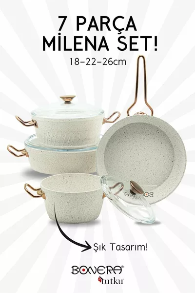 Milena 7-Piece Snow White Granite Cookware Set with Rose Gold Handle Detail
