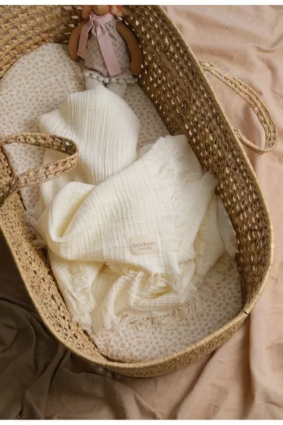 Муслинова кърпа и одеяло, 4 слоя, с ресни, % памук, органично, сертифицирано по Oeko-Tex,  см, крем