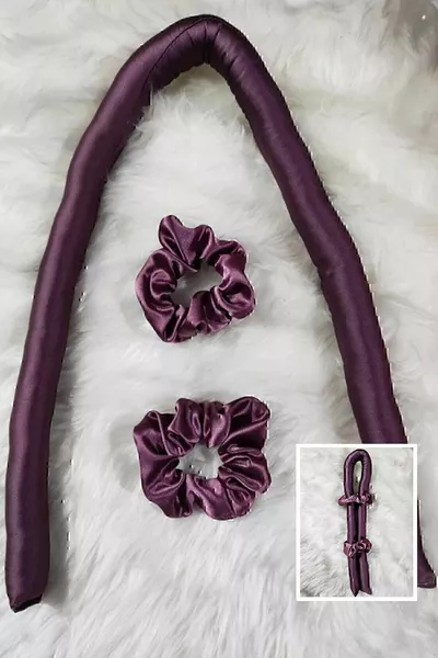 Лилав Безтоплинен Уред за Оформяне на Коса Комплект за Коса с Ластик и Сатенена Фиби