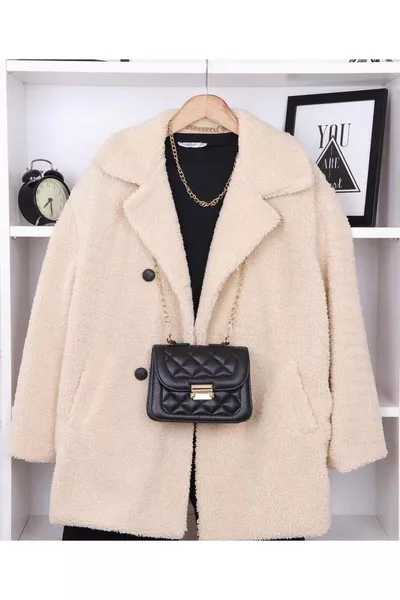 معطف نسائي قصير من المخمل بدون بطانة باللون البيج