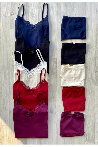 5 Adet Dantelli Ip Askılı Pamuklu Atlet (KÜLOT HEDİYELİ) Siyah-mor-bordo-beyaz-laci-ekru-somon-gri