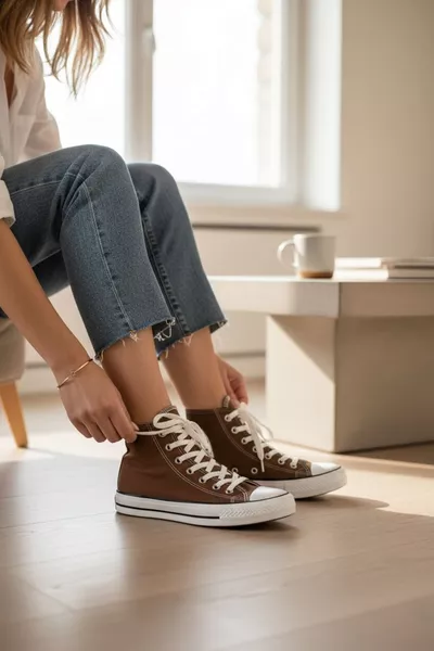 حذاء رياضي من الكتان بلون بني داكن طويل للكاحل للجنسين