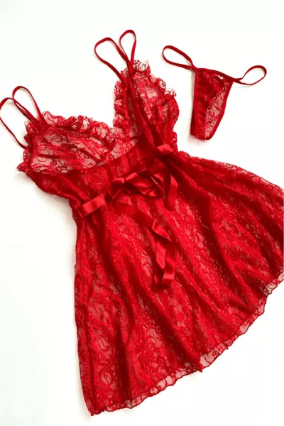 Red Belt Detailed Short Tulle Nightgown