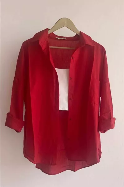 Oversized Linen-Textured % Cotton Loose Shirt 