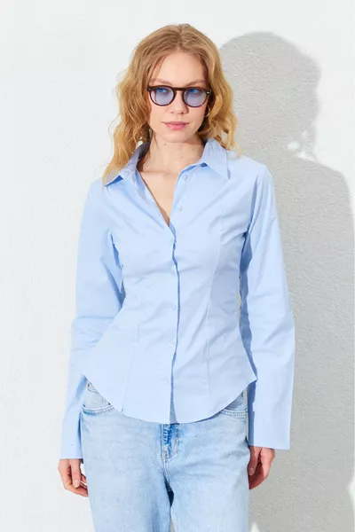 قميص قطني إسباني بأكمام وخصر مطاطي - أزرق | 