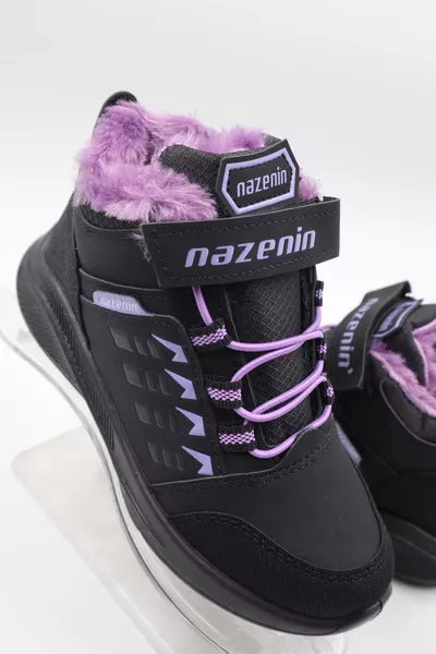 حذاء يومي أسود مقاوم للبرد للأطفال البنات صوف أرجواني