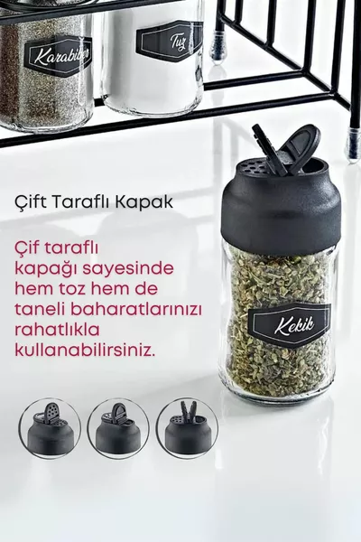 طقم توابل زجاجي بغطاء مزدوج 8 قطع مع حامل معدني - ملح وفلفل ومجموعة توابل