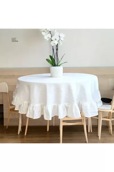Premium White Linen Ruffled Round Tablecloth