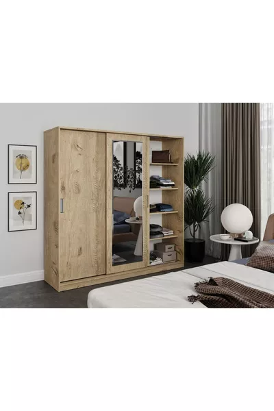 Samira 3-Door Sliding Mirror Wardrobe - Fully Oak MDF