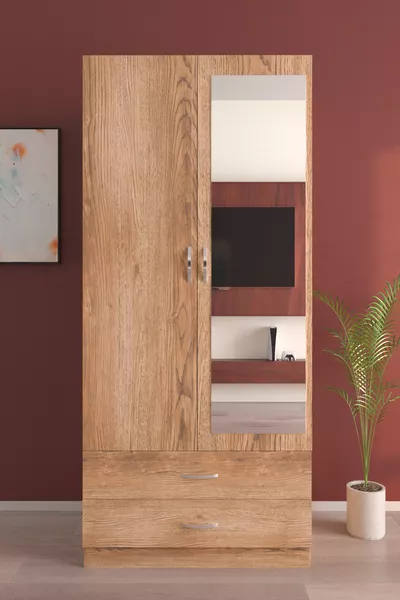 Шкаф для одежды с зеркалом, 2 дверцы, 5 полок, 2 ящика, деревянный