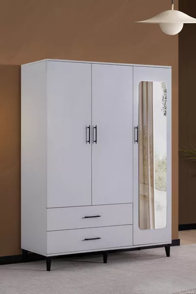 خزانة، بليسك 3 أبواب، خزانة بأدراج مع مرآة - أبيض