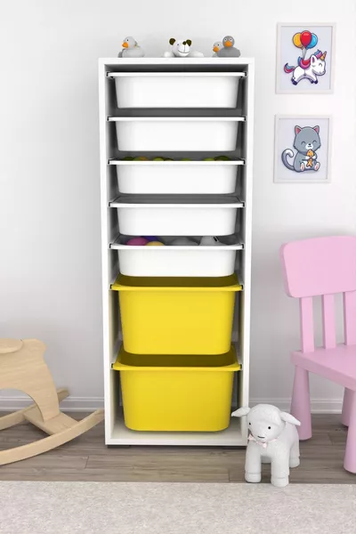 Armoire Zola à 7 paniers, armoire à jouets, armoire polyvalente pour cuisine, salle de bain, cellier, jaune et blanc