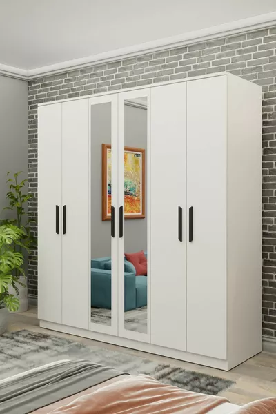 Gm  Favorite 6-Door Wardrobe with Mirror, White and Black Handles