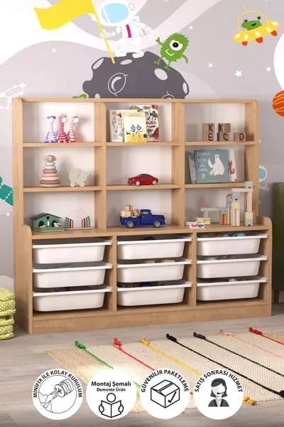 Armoire à 9 étagères et 9 paniers, armoire polyvalente, armoire à jouets Almina Chêne Saphir