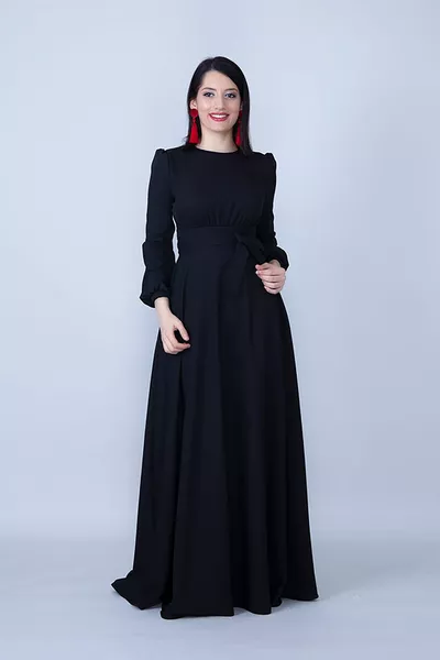 جولة الرقبة طويلة الأكمام المنسوجة النسيج الرباط الخصر حزام جيب ماكسي طول دعوة وسهرة اللباس