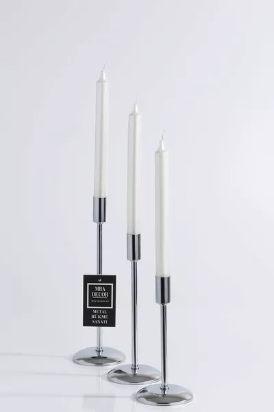 Тристепенен (Тройка) Сребърен Свещник за Плоски Свещи Декоративен Свещник за Домашна Декорация Неръждаема Стомана