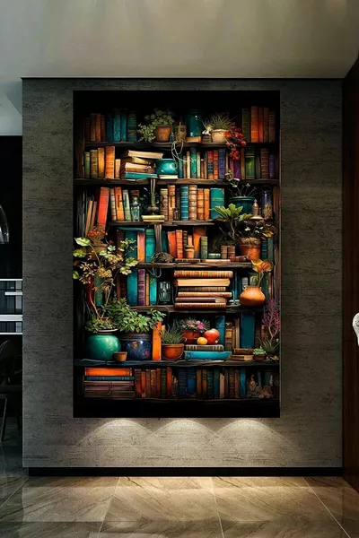 СПЕЦИАЛЕН ДИЗАЙН КАРТИНА С КАНВАС С КНИГИ И ЦВЕТЯ В БИБЛИОТЕКАТА