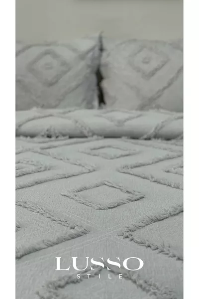 Iskandinav Çift Kişilik Yatak Örtüsü  Ve 2 Adet Yastık Gümüş Gri