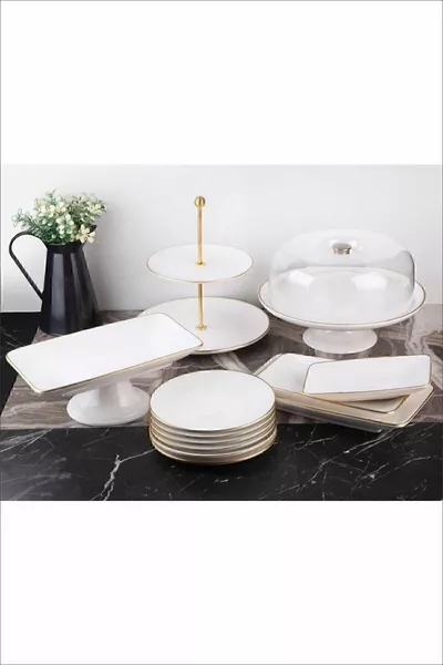 -Piece White Ceramic Cake Serving Plate Set