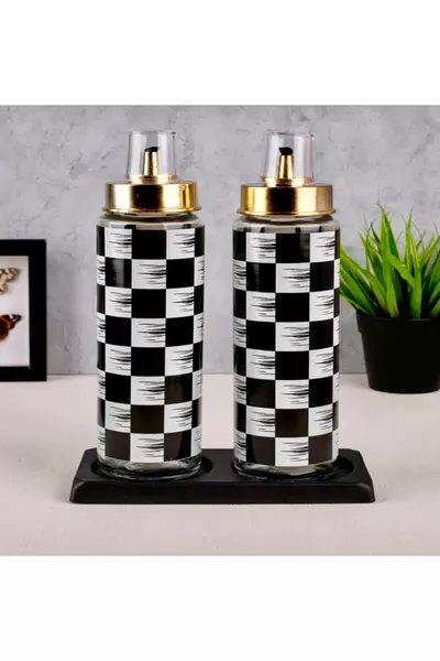 2-Piece Oil Dispenser Set with Black Metal Stand, Checkered Pattern, Non-Drip, Gold Lids