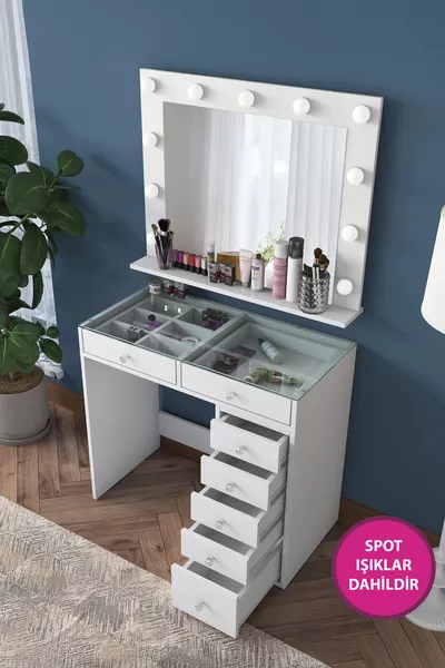 Rani  Hollywood Verlichte Spiegel Make-uptafel met Glazen Blad Sieraden Organizer Wit