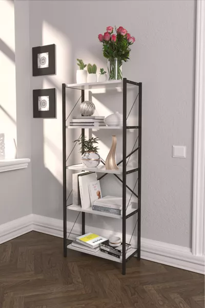 Fd Metall Bücherregal 5-stöckig Multifunktionales Akten- und Bücherregal Büro Wohnzimmer Regal  cm Weiß