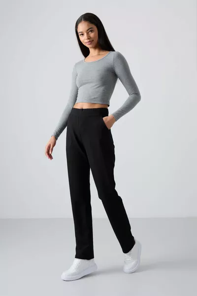 Schwarz Hohe Taillentasche Casual Form Klassisches Bein Damen Trainingsanzug Unterteil - 