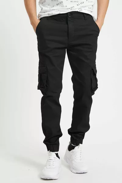 Black Slim Fit Side Pockets, Waist Lace, Elasticated Legs Stretchy Fabric Men's Cargo Pants