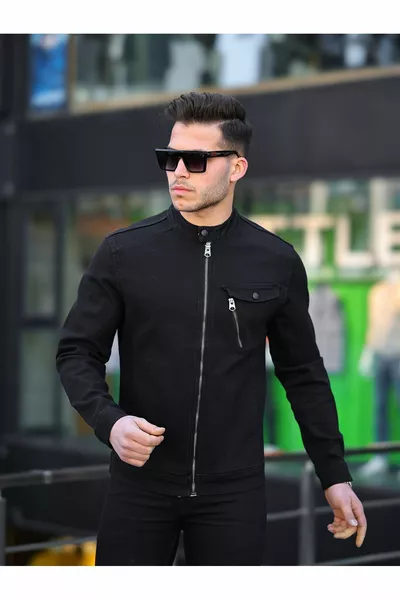 Single Zipper Pocket Heren Denim Jacket Zwart