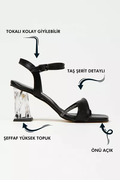 Dames Zwarte Teen Boog Strip Steen Streep Gedetailleerde Gesp Transparante Hakken Avondschoenen