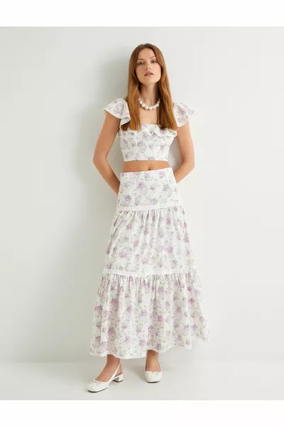 Bloemen Lange Rok Normale Taille Volant Katoen Pluis