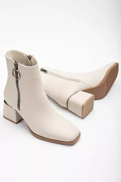 Bottes Femme Beige Fermeture éclair Bout carré Talon épais Fer Détaillé