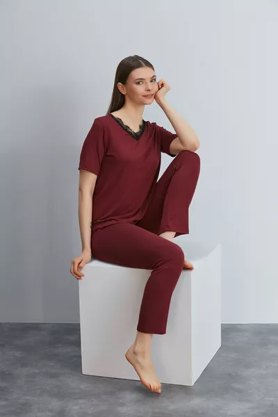 فسكوزي محبوك الدانتيل قصيرة الأكمام بيجامة مجموعة المرأة بورجوندي