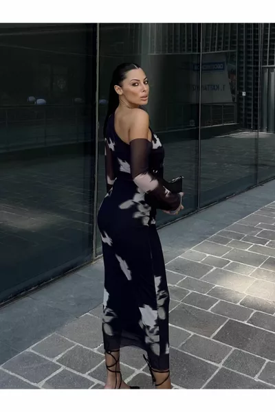 One Shoulder Kleurrijke Jurk Zwart