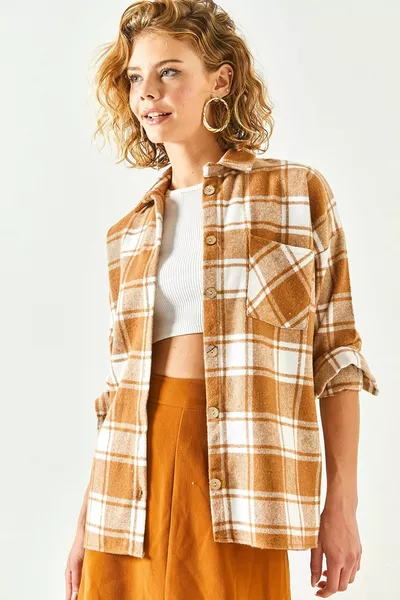 Beige Single Pocket Dik Geruit Houthakkersshirt voor dames 