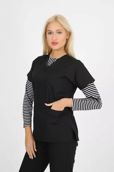 Bolero Schwarz-weiß gestreifter langärmeliger Damen-Hijab, der im Bolero getragen wird